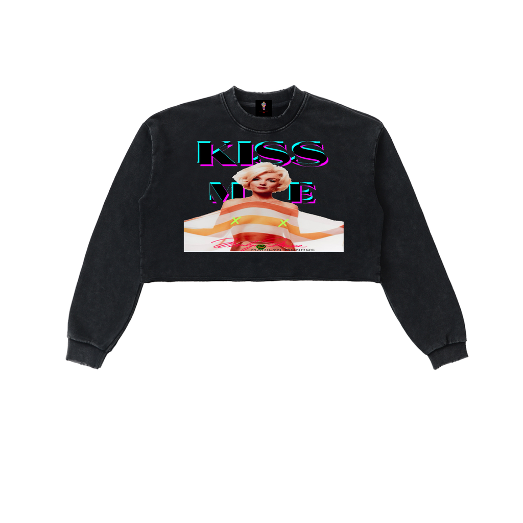 Kiss me Monroe (Womens) Snow Washed Raw Edge Cropped Sweatshirt